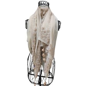 Vintage Chan Luu Lace Embroidered Tassel Scarf Wrap Shawl Beige Classy Women's